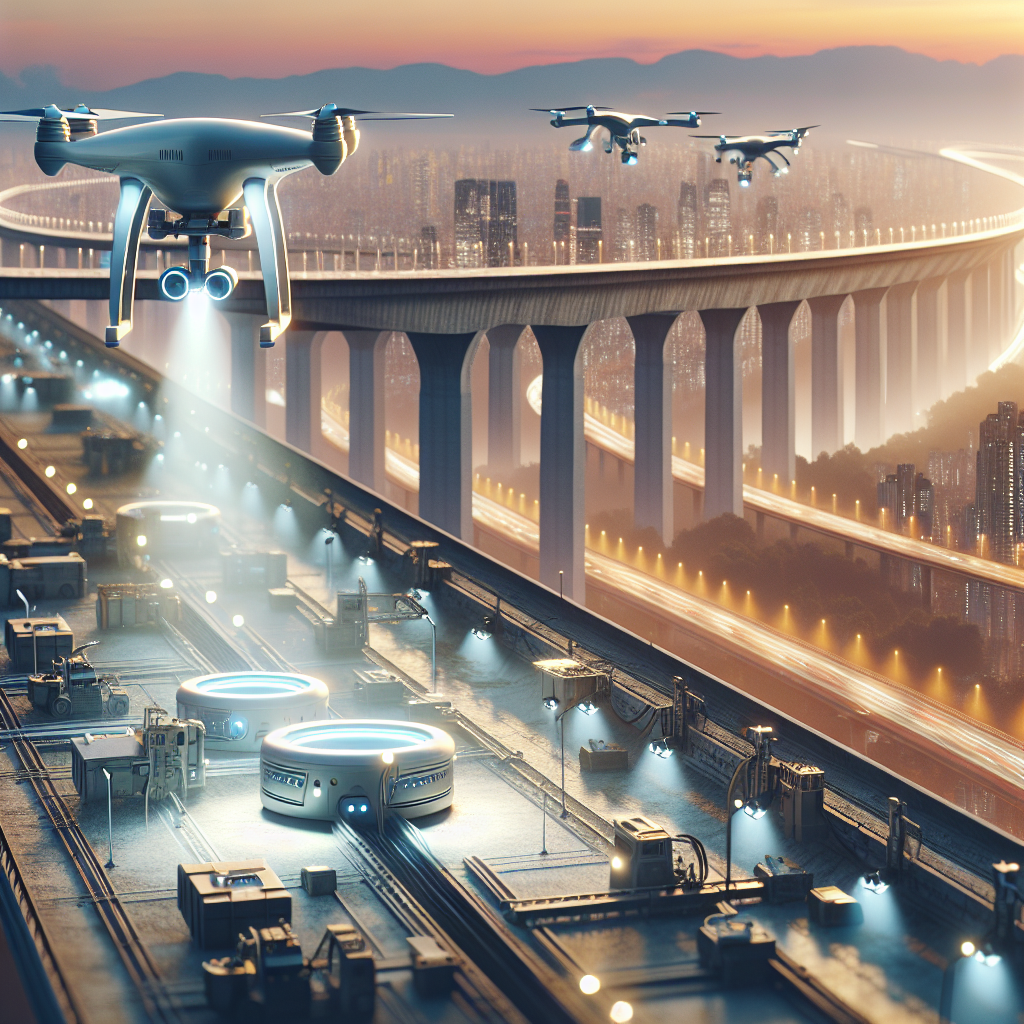 "Drone inspecting a construction site infrastructure, showcasing advanced technology in maintenance and inspection processes for enhanced efficiency and safety."