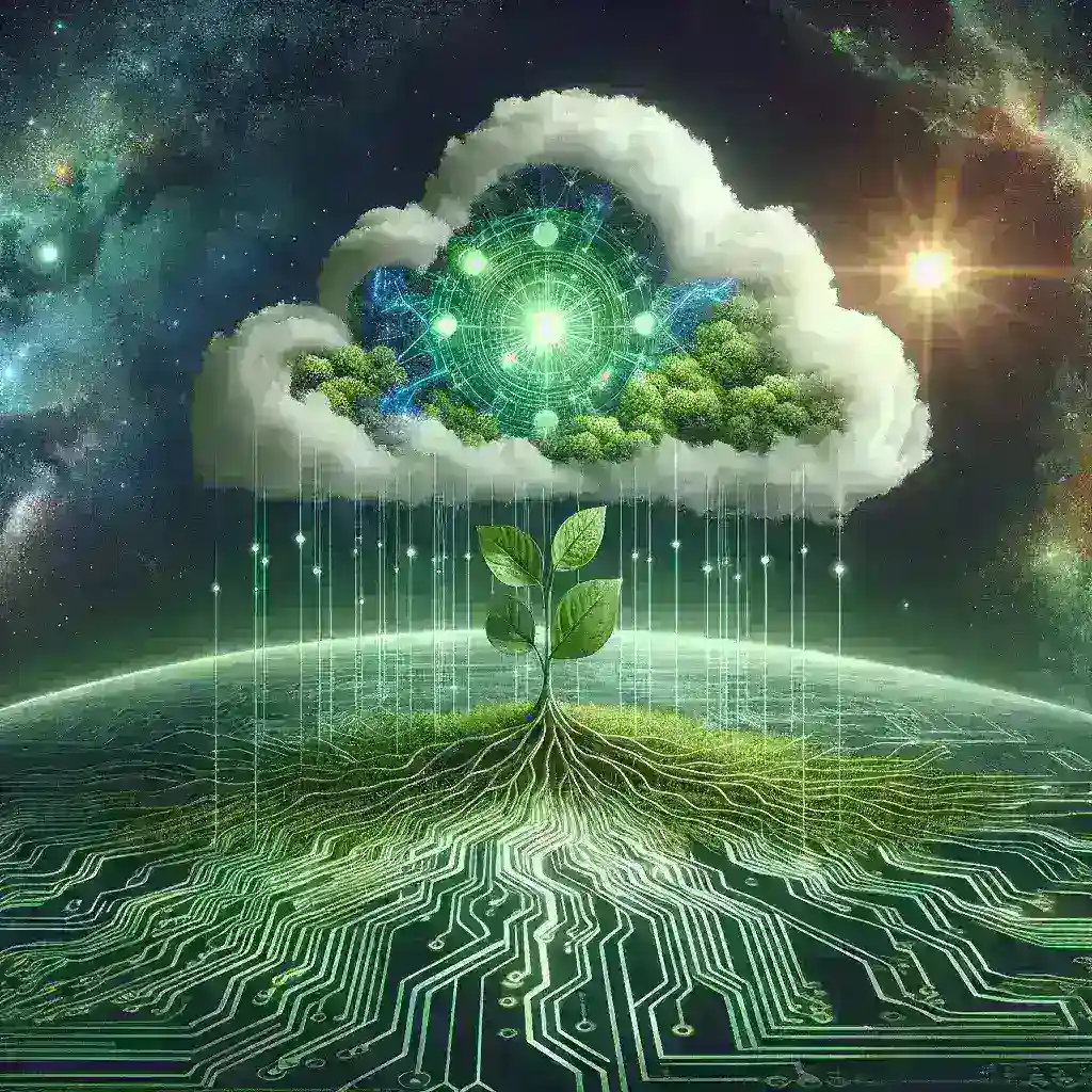 "Illustration of a sustainable cloud infrastructure concept, featuring green server farms and renewable energy sources, symbolizing the importance of eco-friendly technology solutions in the next decade."