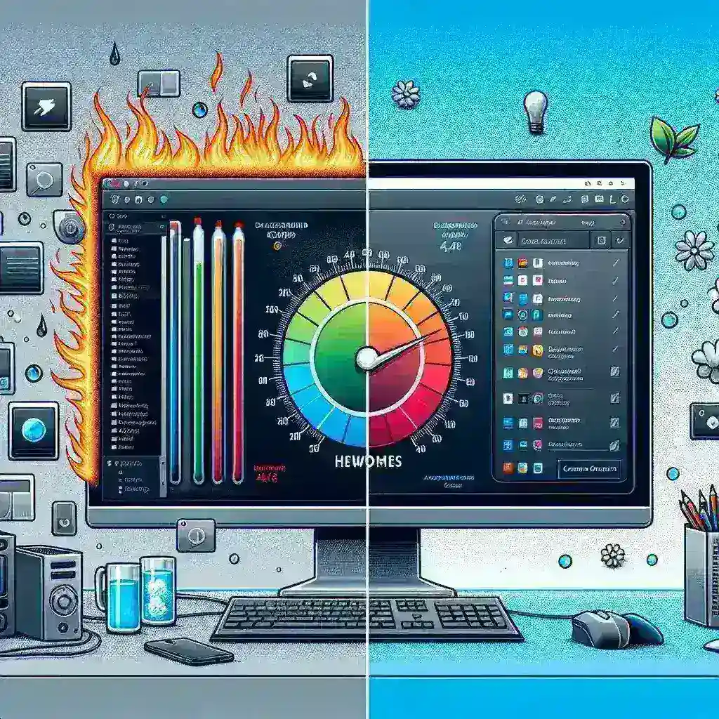 "Image depicting a computer screen with background apps and system resource monitor, illustrating tips on reducing background applications to lower system heat."