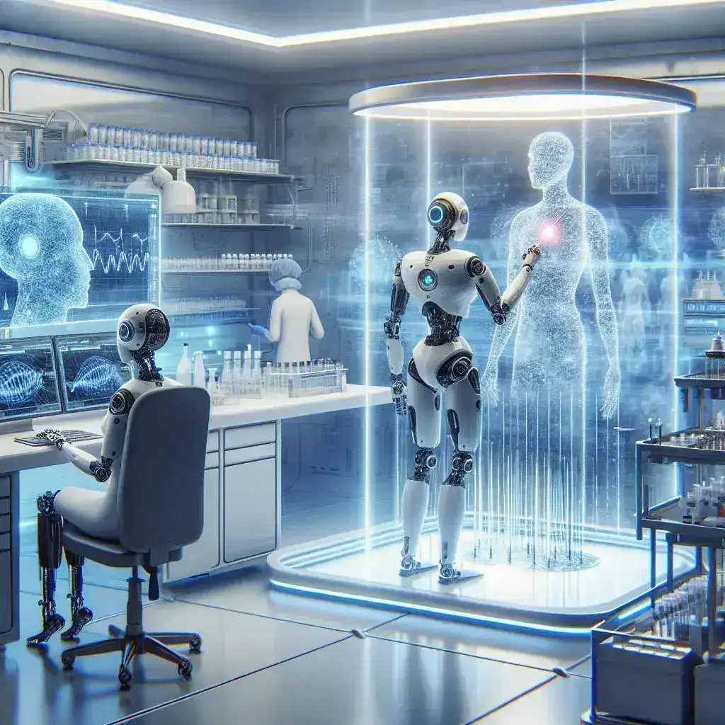 "AI-powered lab robot in action, optimizing vaccine design pipelines in a modern laboratory setting, showcasing advanced automation technology for healthcare innovation."